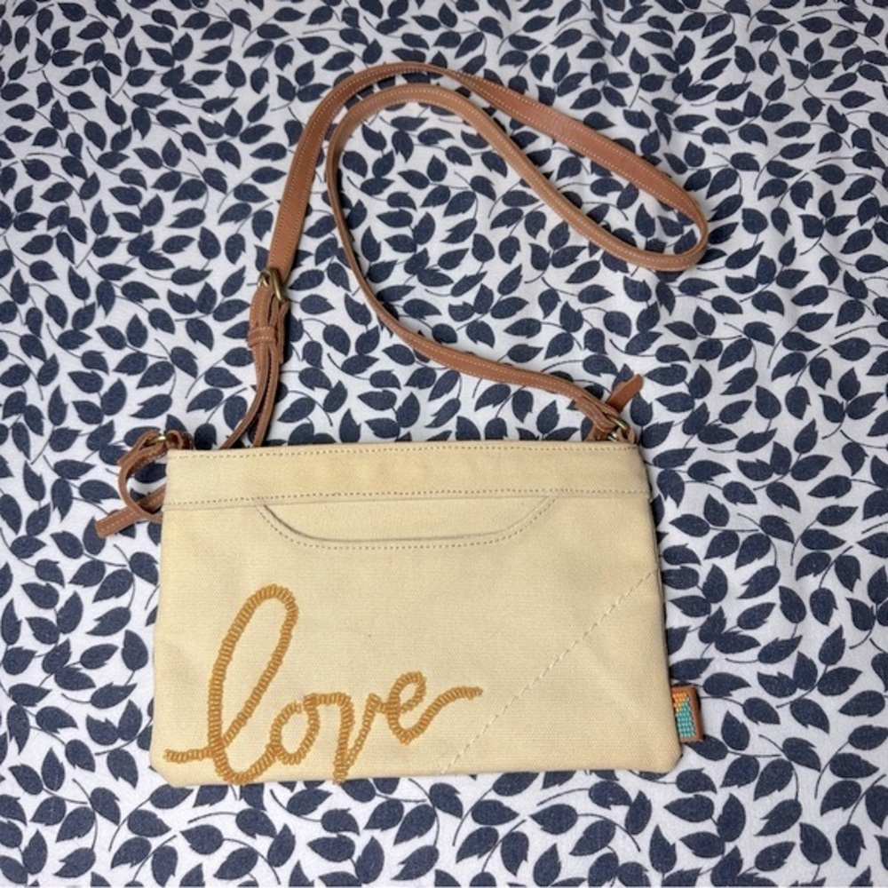 UBUNTU‎ Life Cream Beaded “Love” Canvas Sustainable Small Crossbody Purse *Flaw*